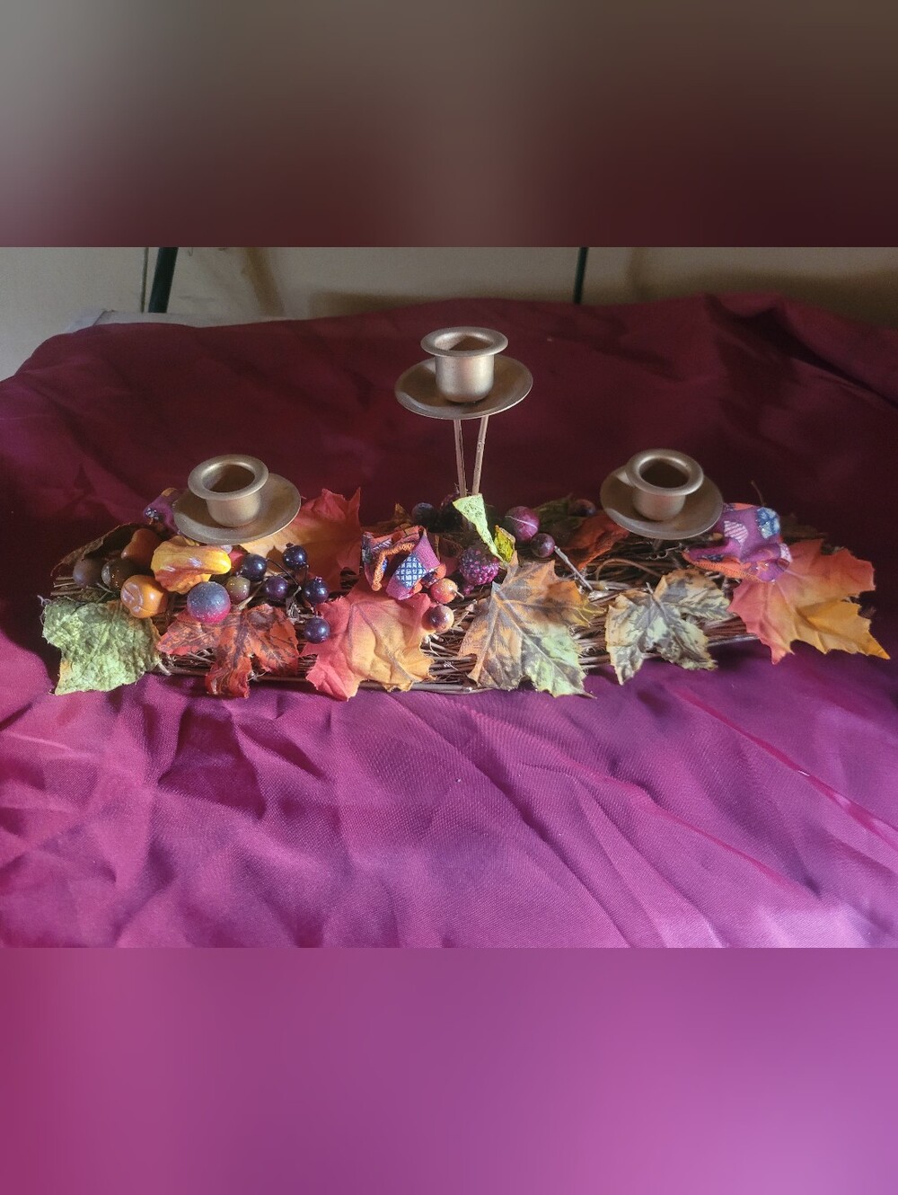 Fall Leaf Candle Holder Centerpiece with Metallic Gold Holders